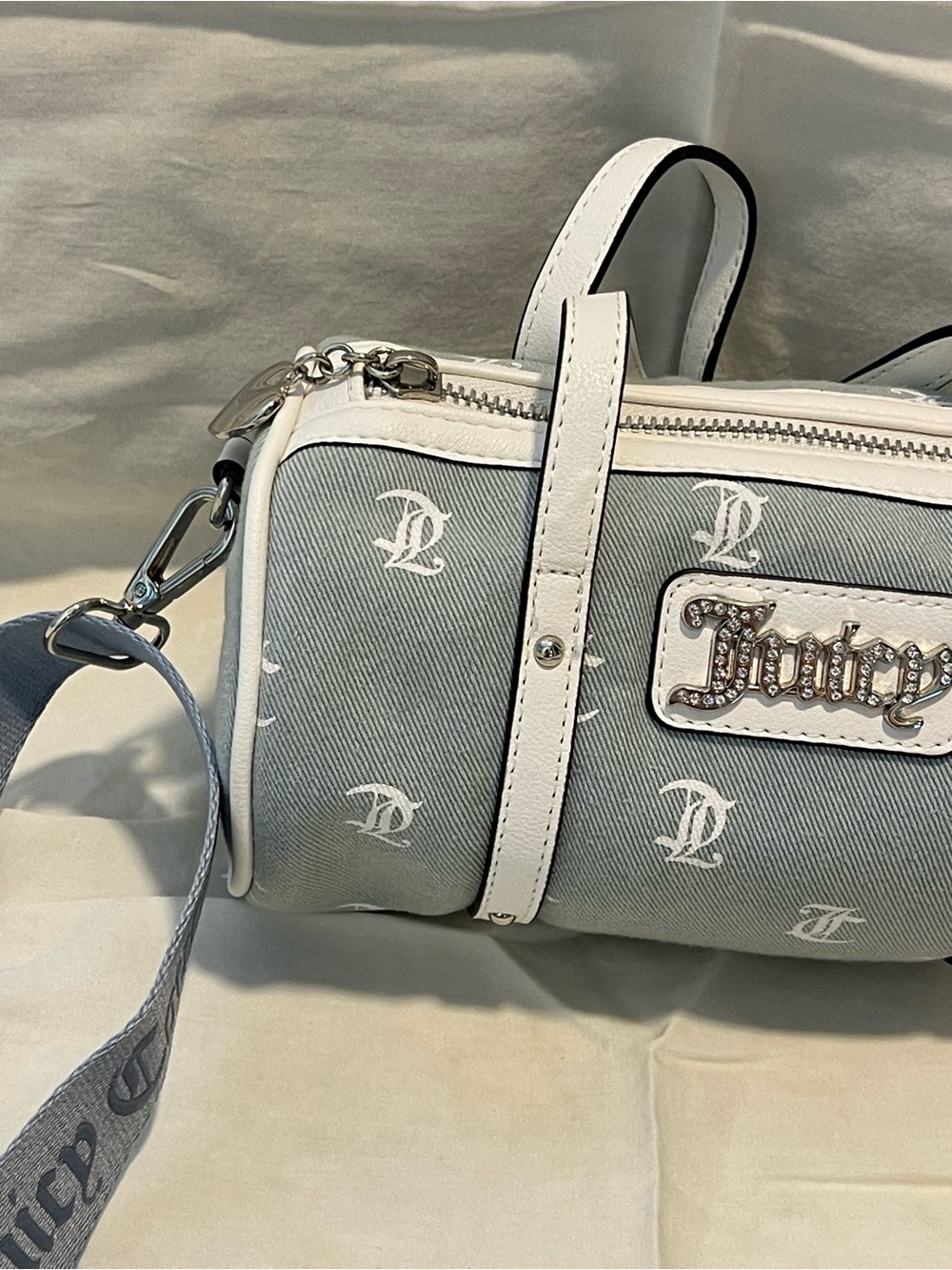 Juicy Couture Light Gray Barrel Duffel with White Trim and Navy Strap - Picture 2 of 9